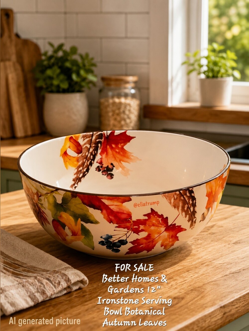 Better Homes & Gardens 12" Ironstone Serving Bowl Botanical Autumn Leaves